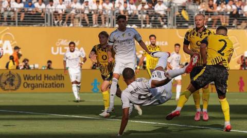 Kylian Mbappe scores a stunning bicycle kick for Real Madrid against Borussia Dortmund at the Club World Cup