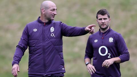 Steve Borthwick, the England head coach, issues instructions with senior assistant coach Richard Wigglesworth
