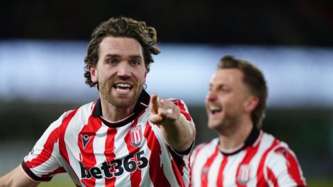 Stoke City's Sam Gallagher celebrates scoring at Norwich