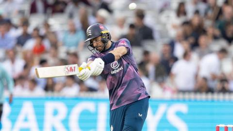 Middlesex's Stephen Eskinazi in action, hitting the ball for six.
