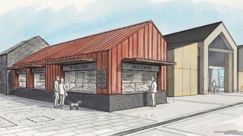 An architectural illustration showing proposed buildings in a redeveloped waterfront/harbour area. The style is a design visualisation, which is part of planning proposals for new facilities.