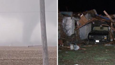 A tornado is on the left and damage from the tornado is on the right.