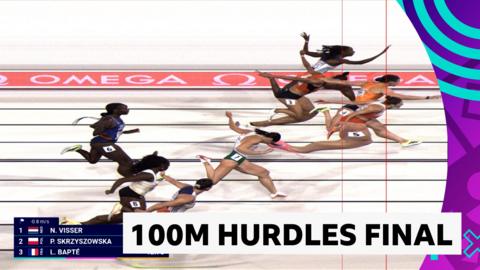 Photo finish image in the women's 100m hurdles final