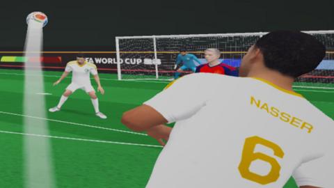 A 3D graphic of Spain's Lamine Yamal having a shot.