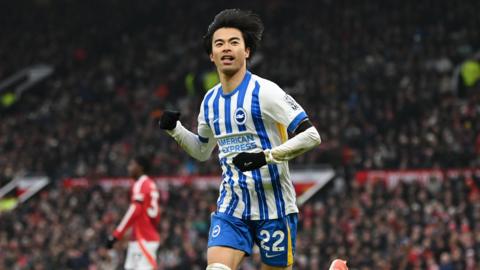 Kaoru Mitoma celebrating a goal for Brighton against Manchester United.