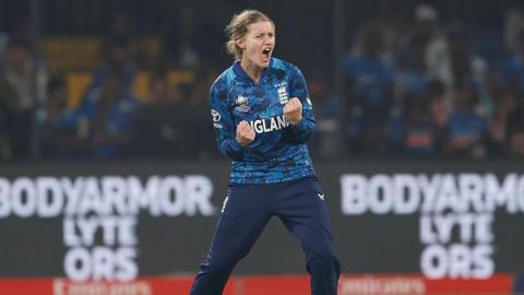 Charlie Dean in action during the Women's Cricket World Cup in India 