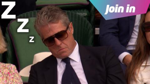 Hugh Grant asleep at Wimbledon. There are three Zs and a graphic in the corner which says Join in