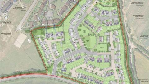 Map shows aerial view of the planned layout of the 81 new homes. The map is green. A CGI image, appearing to be on top of a Google Map image, outlines where each home would go. Green spaces can be seen in the plans. 