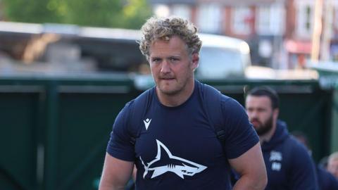 Sale prop Ross Harrison arrives for a match