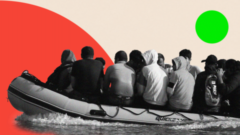 Montage image showing a beach with trees in the background, coloured in red, with a black and white image of people on a small inflatable boat at the front
