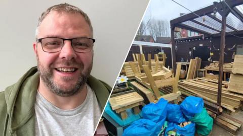A split image of a man and a space full of wooden 