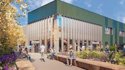 An artist's impression of the new NHS Community Diagnostic Centre. The two storey building features a modern design. It is next to the public park created on the old site and features a main entrance on Lister Gate 