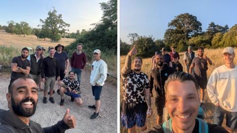 Two selfie pictures side by side show groups of men in the countryside at Welcombe Hills. They are dressed for the outoors and there are hills and trees around them under a blue sky. All of them are looking happy and some are making thumbs-up signs.