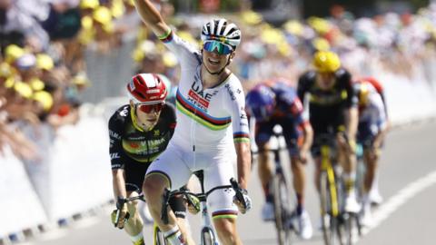 Tadej Pogacar celebrates winning stage seven of the 2025 Tour de France