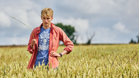 Charlie Cooper stands in a field of tall grass, holding a blade of it, as he looks down. He is wearing a blue T-shirt with a white Stroud Beer Festival logo on and a dusky reddirt over y pink shthe top. There are trees in the hedgerow behind.