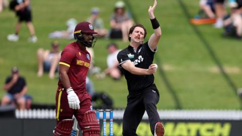 New Zealand's Matt Henry bowls in an ODI against West Indies in 2025