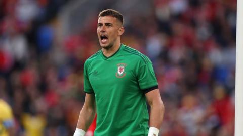 Karl Darlow stands in short-sleeved green Wales goalkeeper shirt
