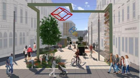 An artist's impression of a pedestrianised street. It is lined with trees and seating. A green arch is at each the entrance to the street.