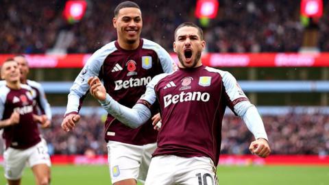 Emiliano Buendia of Aston Villa celebrates scoring against Bournemouth