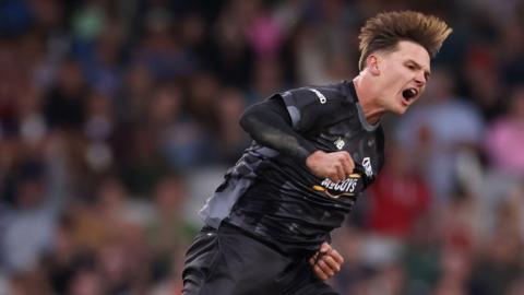 Manchester Originals bowler Sonny Baker celebrates taking a wicket
