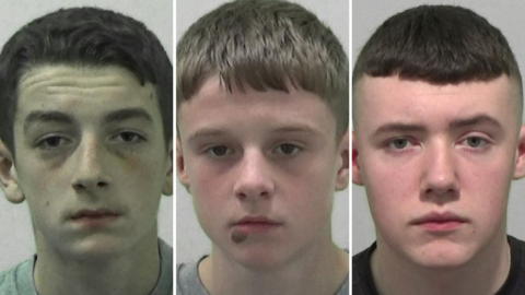 A composite of the three mugshots of Tyler Brewis, Lewis Rose and Rhys Wear. Brewis has short dark hair, Rose has short brown hair and a mole under his lip and Wear has short brown hair with shaved sides.