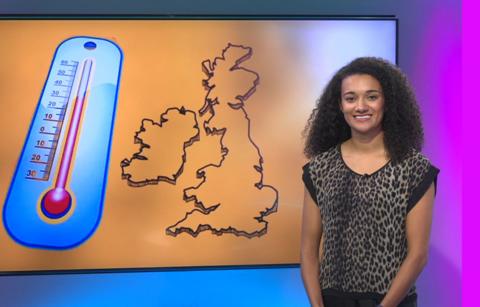 Nina Blissett next to a picture of a UK map and thermometer. 
