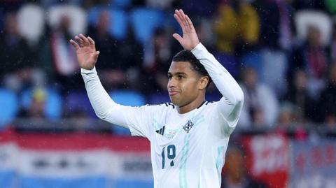 Shea Charles celebrating scoring against Luxembourg