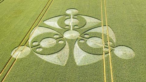 View from above of a crop circle in a green crop field. Three eye-shapes with more circles inside them and three lines each with their own circles going through the middle of them