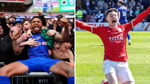 (Left) Rochdale defender Tobi Adebayo-Rowling celebrates with fans after their Wembley win over Boreham Wood in May and (right) York City midfielder Alex Hunt celebrates with arms outstretched after their promotion at Rochdale in April