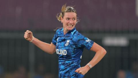 England's Lauren Bell celebrates a wicket