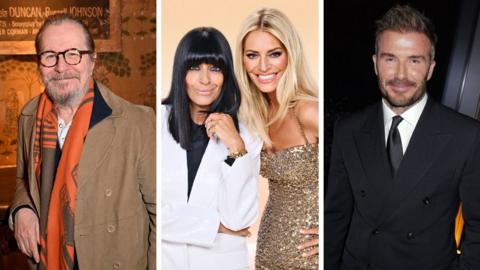 Composite image showing Gary Oldman in a brown jacket with an orange scarf; Tess Daley in a gold glittery dress and Claudia Winkleman in a white suit; David Beckham in a black suit