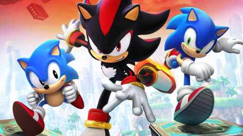 Sonic, a blue mascot hedgehog cartoon character, running towards the viewer. Alongside him is an older version of Sonic, as well as Shadow, a black hedgehog character.