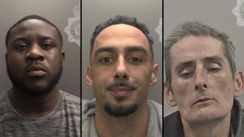 A composite image of three men in custody police photographs. A man on the left has short black hair and is wearing a grey stripy top. In the middle a man has slightly longer hair with short stubble and a moustache. On the right a man has grey hair and is wearing a dark grey hoodie.