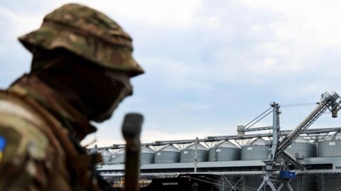 Ukrainian soldier wearing face covering and hat guards grain silos in the distance in the port of Odesa (file photo)