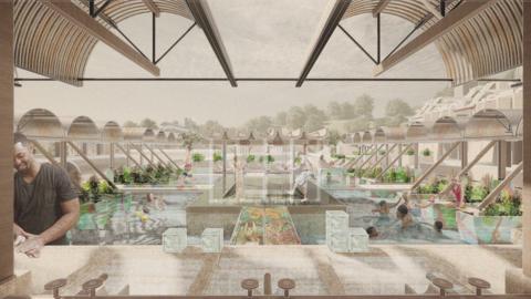 An artist's impression showing planting areas around a pool with some people also enjoying bathing in the pool and a man washing his hands 