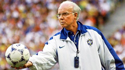 Brazil manager Mario Zagallo holds a ball during the 1998 World Cup
