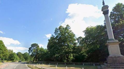 A33 Basingstoke Road,with the Duke of Wellington statue to the right - a tall stone plinth with a statue on top.
