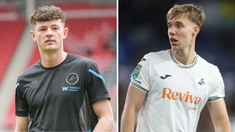A split image of Ajay Matthews [left] wearing a dark grey Millwall training top and Kaelan Casey [right] dressed in a white Swansea City strip
