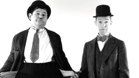 Black and white image of Laurel and Hardy