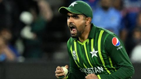 Pakistan captain Babar Azam celebrates a wicket