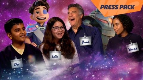 Newsround viewers Dev and Edie along with Elio voice stars Brad Garrett and Yonas Kibreab. Images of their characters are also behind them, Elio and Lord Grigon. 