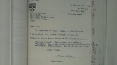 University of Reading librarian response letter to Hiroshima University President Tatsuo Morito to help rebuild their library