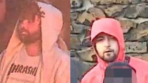 The picture shows 2 seperate images of men. The one on the left is wearing a white t-shirt with a white hoody, He has curly brown hair and a dark beard. The man on the right is wearing a red and white jacket with his hood up over his head. He has a goatee style beard. 
