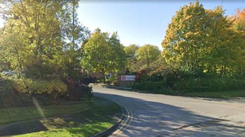 A residential road with trees and grass on each side. There is a white sign in the background which says "mercia business village".