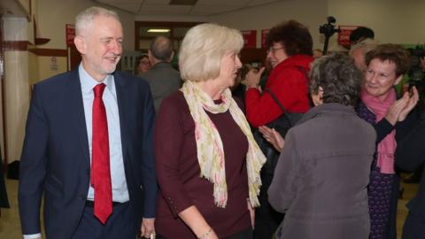 Labour party leader Jeremy Corbyn with Ruth Jones at the Pill Millennium Centre, Newport