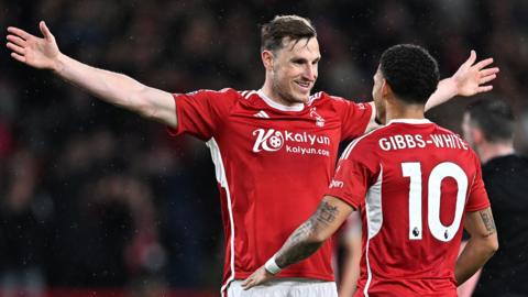 Chris Wood and Morgan Gibbs-White celebrate goal