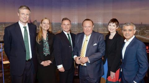 Zac Goldsmith, Sian Berry, Peter Whittle, host Andrew Neil, Caroline Pidgeon and Sadiq Khan following a