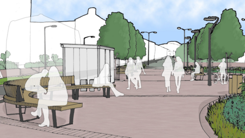 An architect's drawing showing the new design of the area. There is a clear bus shelter next to a curved wooden bench and a palisade of trees extend in to the distance. There are white outlines of people sitting on the bench and walking down the paved area.