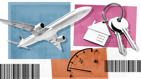 Graphic compilation showing images of a plane, keys and a clock