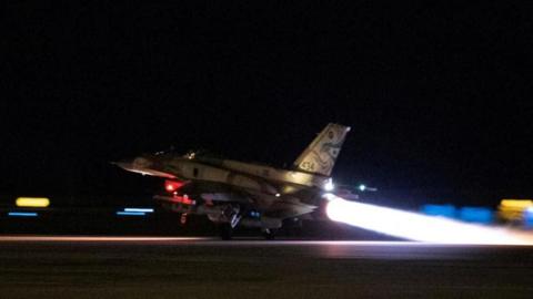 An Israeli fighter jet takes off at an unidentified location to conduct strikes on Hezbollah targets in southern Lebanon